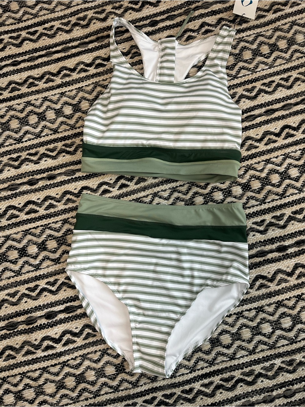 Striped High-Waist Bikini Set in Light Sage and Forest Green